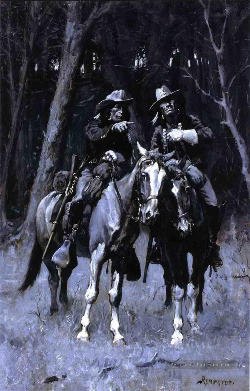 Cheyenne Scouts patrouillant le grand bois du Nord Oklahoma canadien Frederic Remington cow boy Peintures à l'huile